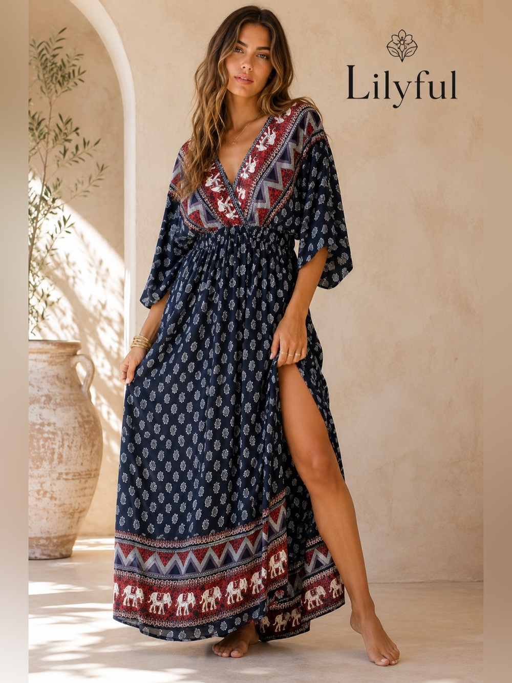 Lilyful Boho Maxi Dress M Navy Elephant Border Paisley Kimono Sleeve Festival